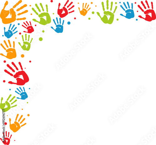 Creative paint hands prints. Happy childhood design. Artistic kids stamp, bright human fingers and palm. Vector illustration.Handprints icon vector illustration. Colorful and Black handprints set.