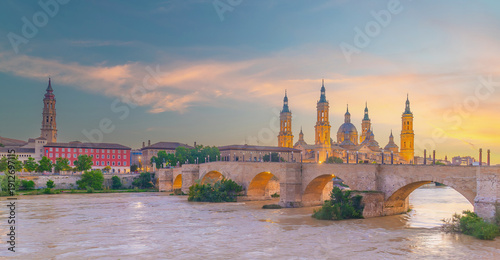Basilica del Pilar and Ebro River at sunset, Zaragoza, Aragon region in Spain.