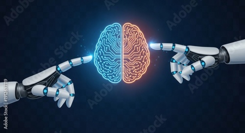 Robotic Hands Holding Digital Human Brain – Artificial Intelligence and Machine Learning Concept