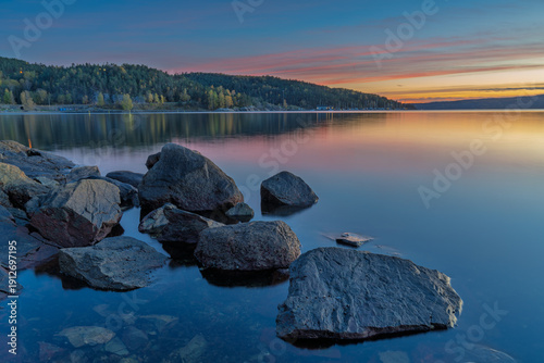 Canvas Print Blue Hour Over Oslofjord with Rocks and Calm Water