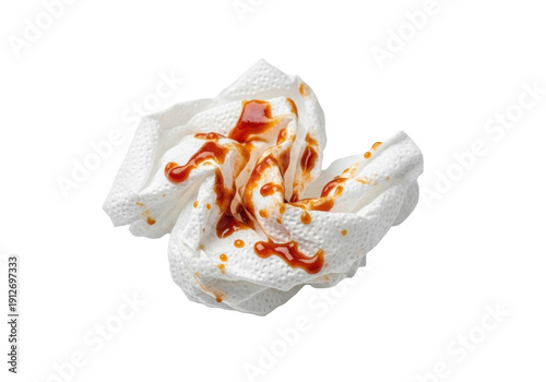 Heavily crumpled white paper napkin, soiled with dark brown BBQ sauce and food residue, isolated on a transparent background with copy space, macro close-up shot, concept of kitchen mess and