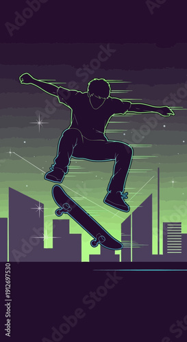 Silhouette of a skateboarder performing a trick against a futuristic cityscape background