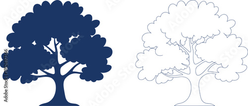 Blue silhouette and outline of a stylized tree dark