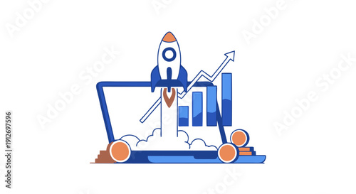 Dynamic digital illustration of a rocket launching from a laptop screen, symbolizing rapid business growth, startup success, and strategic market expansion for innovative ventures