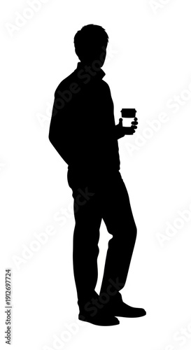 Full body silhouette of a man standing relaxed, holding a beverage cup, isolated on a clean white background