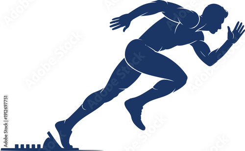 Dark blue silhouette of a male sprinter starting a race