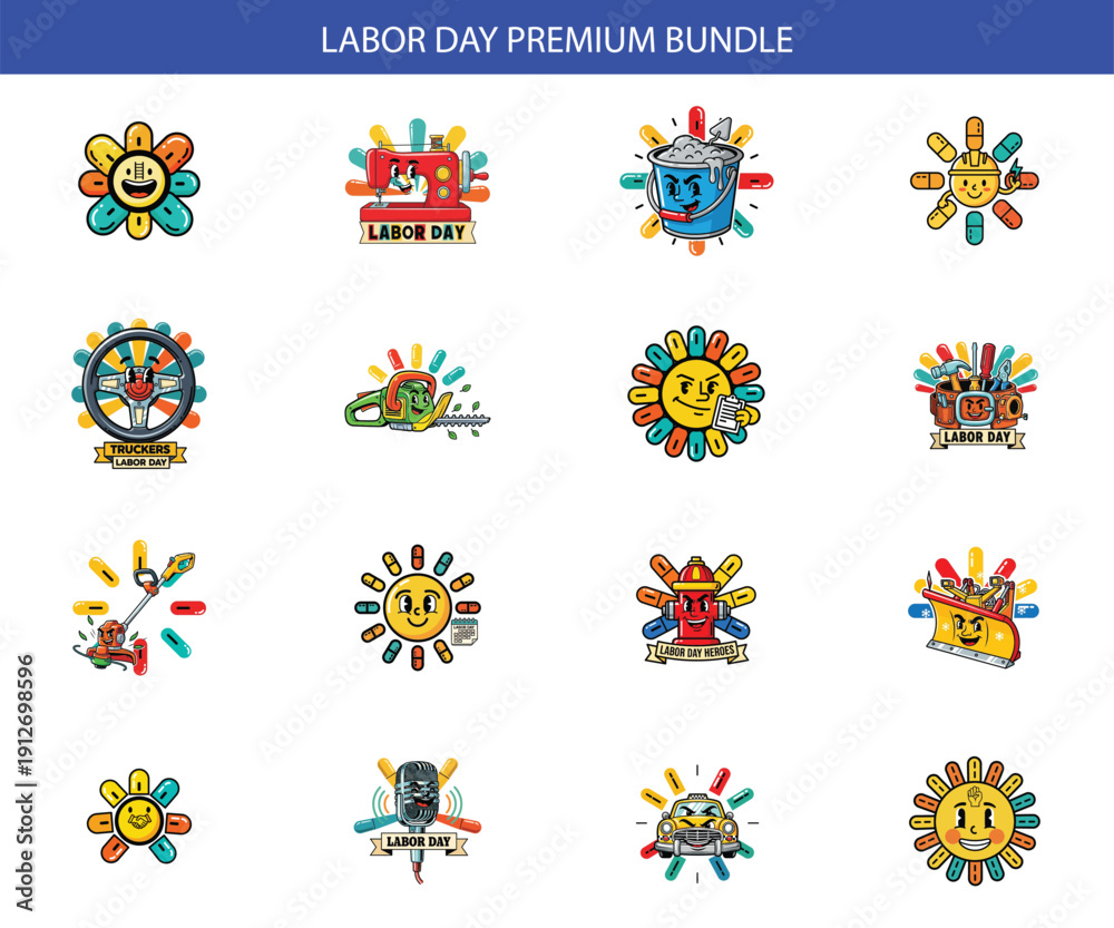 Obraz premium Playful Labor Day Icon Set: Tools, Machines, and Cheerful Characters