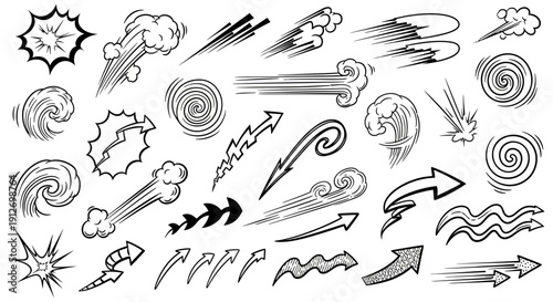 comic book speed lines explosion effects and dynamic graphic elements illustrating energy rapid movement and action for design