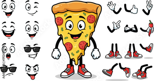 Retro cartoon pizza character сonstruction kit with faces, hands in gloves gesture and legs poses. Cool pizza mascot slice for fast food cafe pizzeria logo, groovy vector set