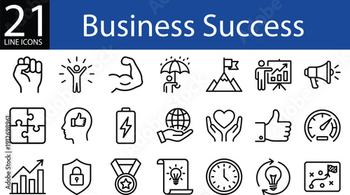 Business success line icons collection in outline style, achievement, growth, innovation, teamwork, and strategy