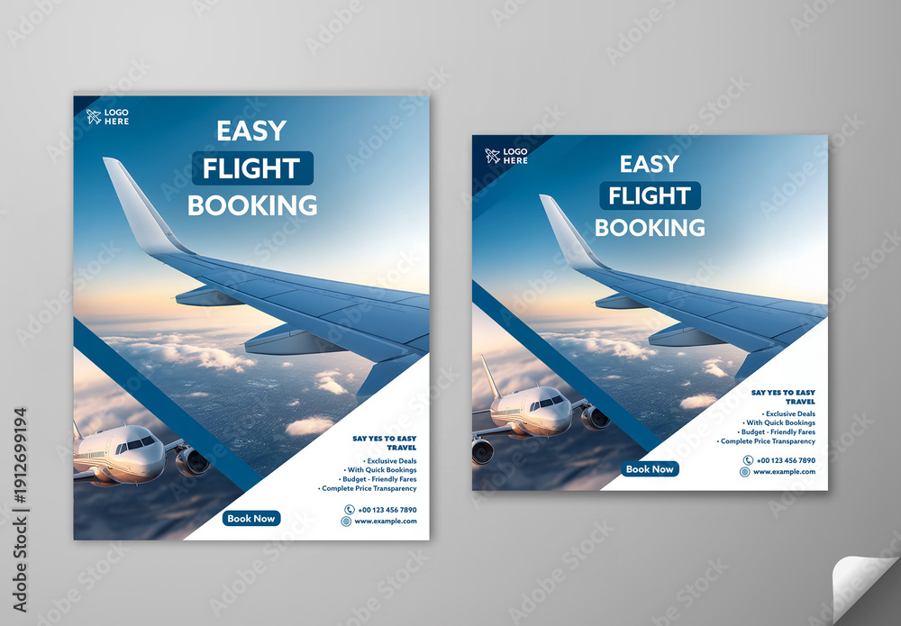Editable Flight Booking Social Media Post Template Set with Airplane in ...