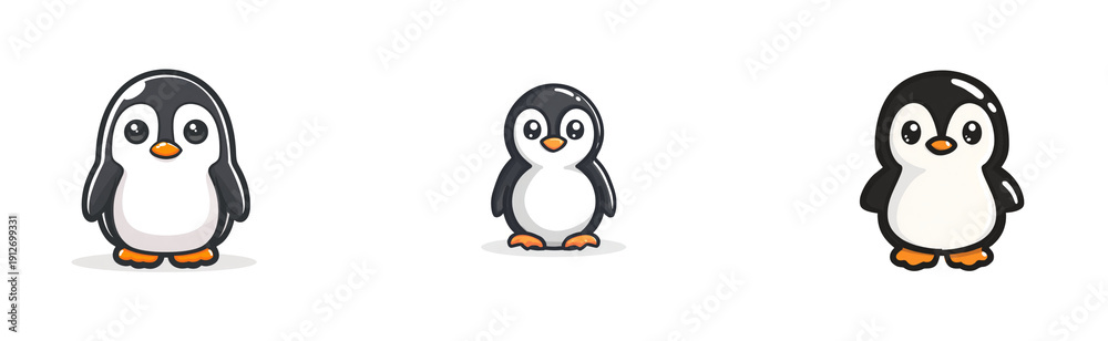 Fototapeta premium A charming baby penguin icon designed with rounded shapes and glossy eyes in a clean vector cartoon style, centered on a pure white background.