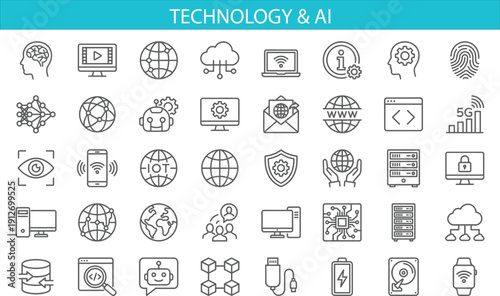 Technology and Artificial Intelligence Line Icons Set Featuring Cloud Computing, Cyber Security, IoT, Data Server, Network, 5G and Modern Outline Vector Illustration