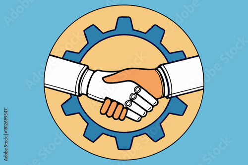 A handshake vector illustration featuring hands shaking in a circle icon to symbolize a successful deal, agreement, and power between man and robot