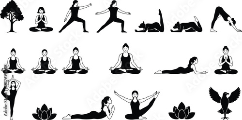 Collection of black and white yoga silhouettes and nature icons for fitness, wellness, meditation, spiritual practice, healthy lifestyle, and mindfulness.