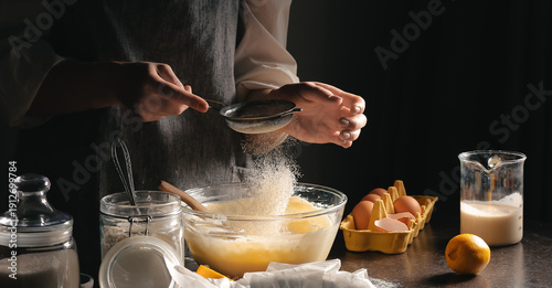 Canvas Print Woman preparing tasty Basque burnt cheesecake in kitchen