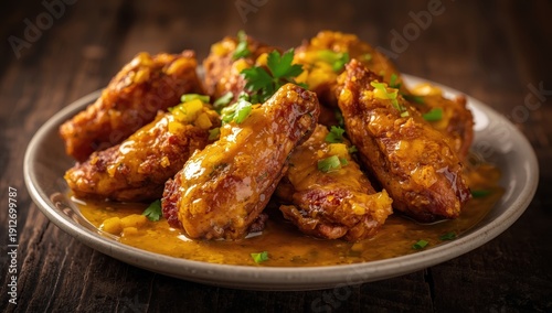Crispy chicken wings served with mango salsa and chilies