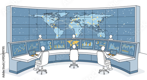 Global Control Room Monitoring World Map and Data Analysis.