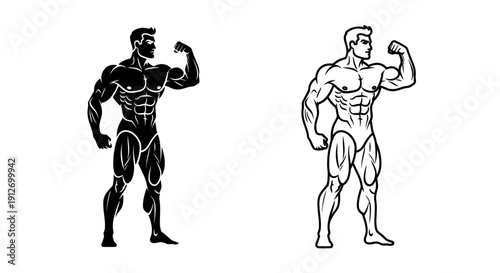 Muscular bodybuilders showing biceps, black and white vector illustration Vector