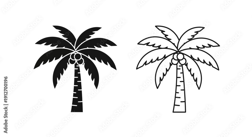 Fototapeta premium Two black and white palm tree illustrations on white background Vector