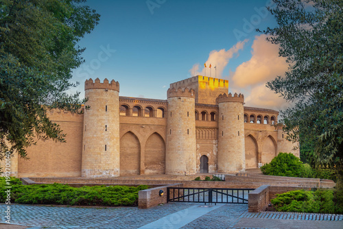 Medieval Aljafería Palace at sunrise in Zaragoza, Spain