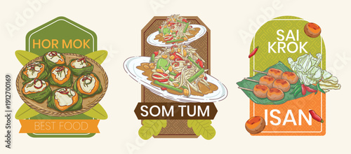 Authentic Thai Street Food Illustration Set - Hor Mok Steamed Curry, Som Tum Papaya Salad, and Sai Krok Isan Sausage Labels