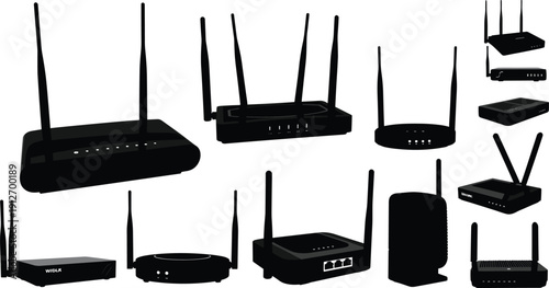 Collection of various Wi-Fi router silhouettes and internet modem icons for wireless networking, technology, connectivity, smart home, and telecommunications equipment.