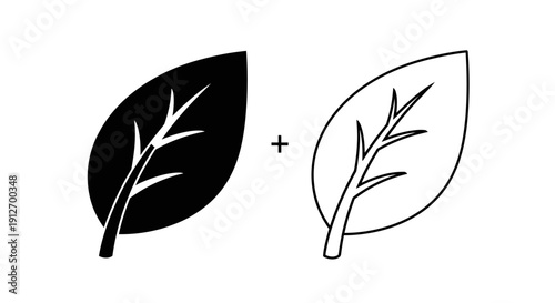 Black and white leaf design with plus symbol, minimalist leaf illustration Vector