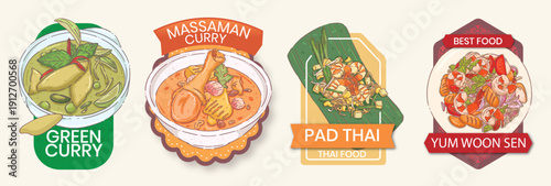 Authentic Thai Cuisine Illustration Set - Green Curry, Massaman Chicken, Pad Thai, and Spicy Glass Noodle Salad Labels