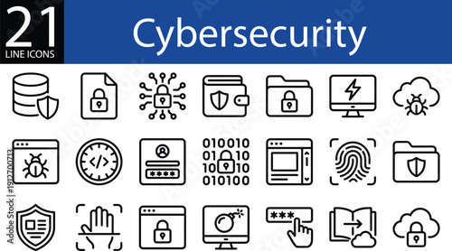 Cybersecurity icon set in thin line style, data protection, network security, hacking threats, authentication, and digital safety