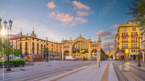 Iconic cityscape of Zaragoza, Spain, showing the Central Market and the remains of the Roman city walls