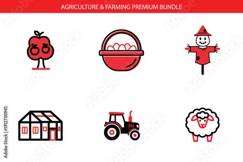 Charming Farming and Agriculture Icon Set: Apple Tree, Basket of Eggs, Scarecrow, Greenhouse, Tractor, Sheep, Symbolizing Farm Life