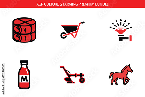 Agriculture and Farming Icons Bundle: Hay Bales, Wheelbarrow, Sprinkler, Milk Carton, Plow, Horse - Essential Farm Elements