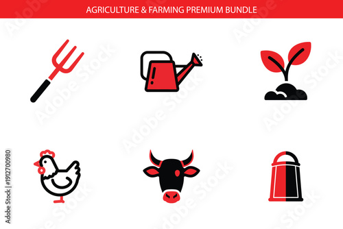 Modern Vector Icons Representing Agriculture and Farming Essentials - Pitchfork, Watering Can, Seedling, Chicken, Cow, Milk Bottle