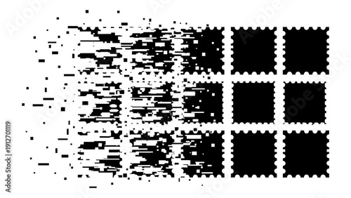 digital postage stamp grid dissolving into abstract particles symbolizing data loss blockchain nft and technological transformation.