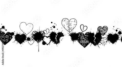distressed black and white broken hearts and grunge ink splatters forming an artistic border conveying themes of emotional pain and loss.