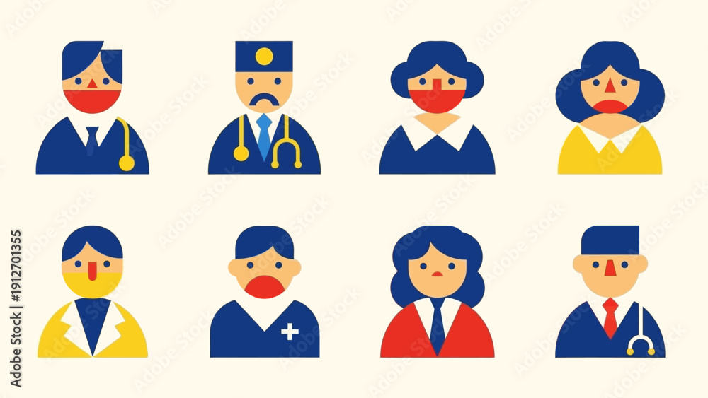 Fototapeta premium diverse essential workers and professionals vector icon set in flat design illustrating various healthcare and corporate roles symbolizing community support.