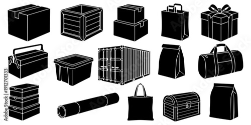 Set of various box and container silhouettes for shipping, storage, and shopping concept isolated on white background
