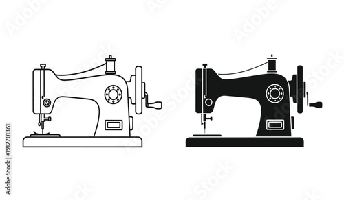 Two sewing machines one in black and white and the other in solid black