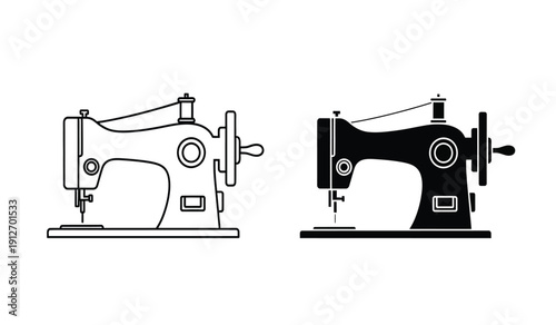 Two sewing machines in line art and solid black on for crafting and textile projects