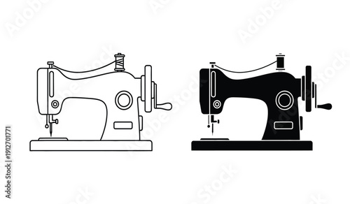Black and white illustration of sewing machines in line art style