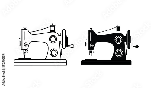 Two vintage sewing machines in black and white line art illustration