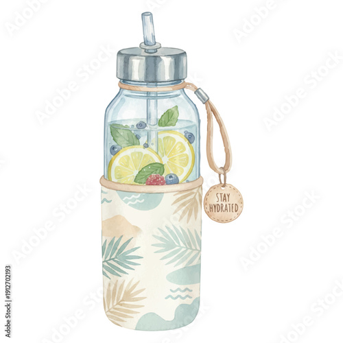 Glass Tumbler with Ice and Lemon, Refreshing Summer Drink, Watercolor Vector Illustration Isolated on White
