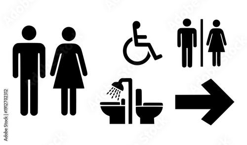 Bold Filled Toilet and  Collection with Male Female and Wheelchair Symbols Vector Illustration