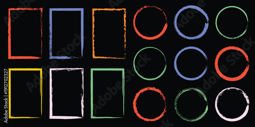 Neon rectangles and circles on black background