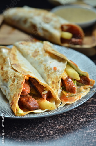 Beef shawarma in Jakarta with a combination of Indonesian spices.