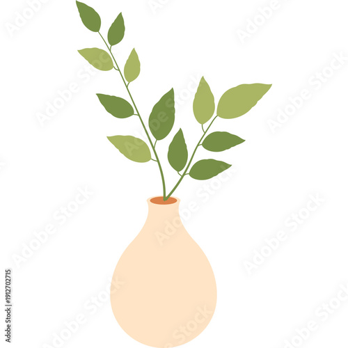 Minimalist illustration of green leafy sprigs in a simple beige ceramic vase