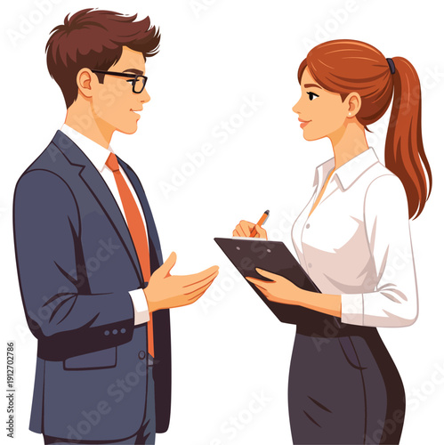 067-48-Two business professionals communicating, having a discussion, and taking notes