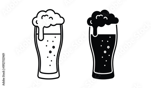 Two glasses of beer one light and one dark with foam on top in black and white vector illustration