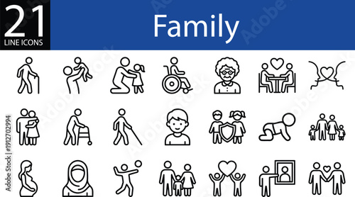 Family line icons collection in minimalist style, parents, children, elderly, diversity, and love